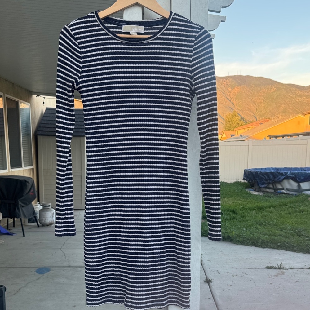 Michael Kors Striped Long Sleeve Dress in Navy and White